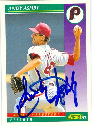 45154 Andy Ashby Autographed Baseball Card Philadelphia Phillies 1992 Score No .396