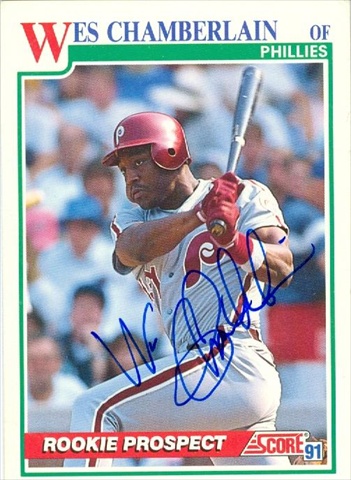 45155 Wes Chamberlain Autographed Baseball Card Philadelphia Phillies 1991 Score No .713