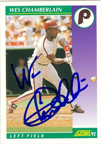 45169 Wes Chamberlain Autographed Baseball Card Philadelphia Phillies 1992 Score No .384