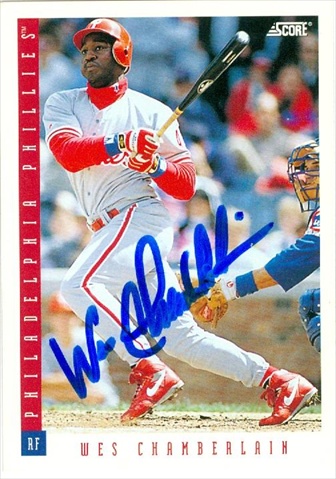45176 Wes Chamberlain Autographed Baseball Card Philadelphia Phillies 1993 Score No .168