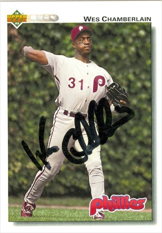 45186 Wes Chamberlain Autographed Baseball Card Philadelphia Phillies 1992 Upper Deck No .347
