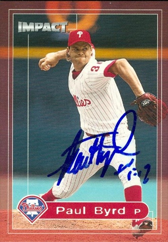 45238 Paul Byrd Autographed Baseball Card Philadelphia Phillies 2000 Skybox Impact No .26