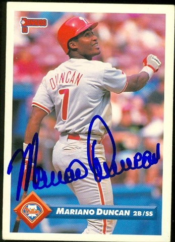 45312 Mariano Duncan Autographed Baseball Card Philadelphia Phillies 1993 Donruss No .382