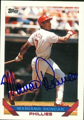 45326 Mariano Duncan Autographed Baseball Card Philadelphia Phillies 1993 Topps No .371