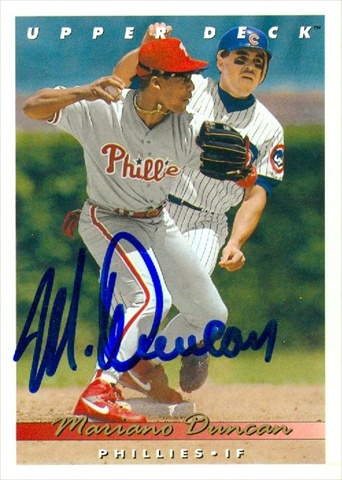 45344 Mariano Duncan Autographed Baseball Card Philadelphia Phillies 1992 Upper Deck No .201