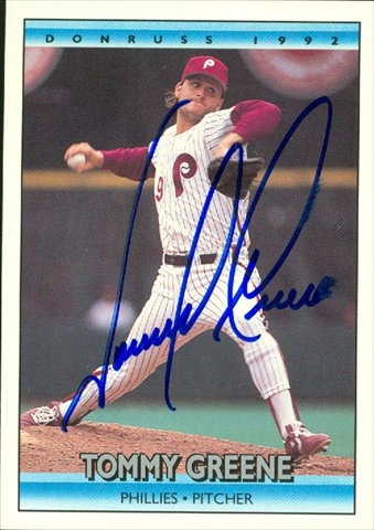 45345 Tommy Greene Autographed Baseball Card Philadelphia Phillies 1992 Donruss No .109