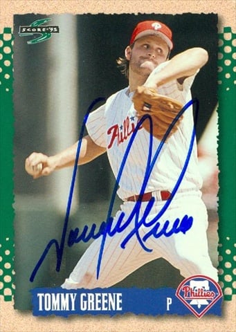 45350 Tommy Greene Autographed Baseball Card Philadelphia Phillies 1995 Score No .36