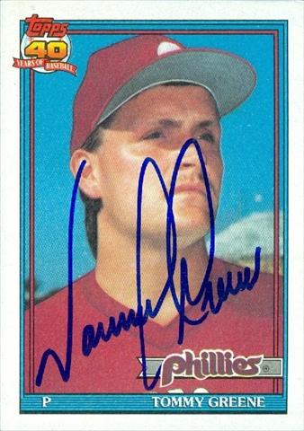 45358 Tommy Greene Autographed Baseball Card Philadelphia Phillies 1991 Topps No .486