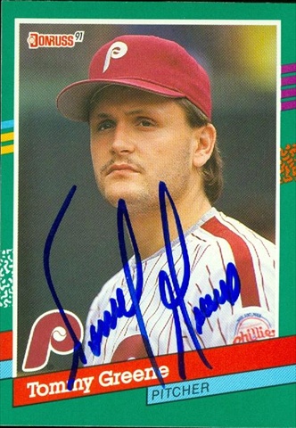 45360 Tommy Greene Autographed Baseball Card Philadelphia Phillies 1991 Donruss No .635