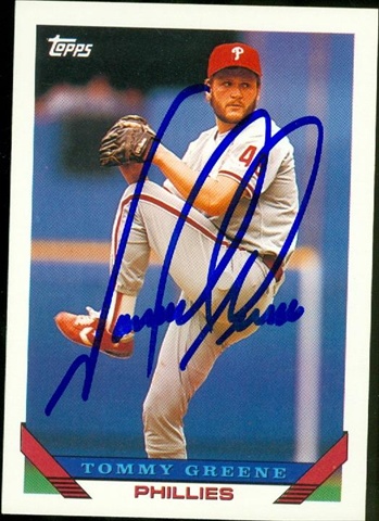 45361 Tommy Greene Autographed Baseball Card Philadelphia Phillies 1993 Topps No .291