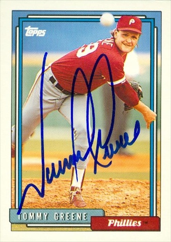 45364 Tommy Greene Autographed Baseball Card Philadelphia Phillies 1992 Topps No .83