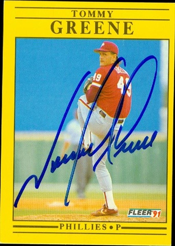 45367 Tommy Greene Autographed Baseball Card Philadelphia Phillies 1991 Fleer No .U-108