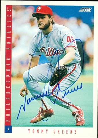 45372 Tommy Greene Autographed Baseball Card Philadelphia Phillies 1993 Score No .464