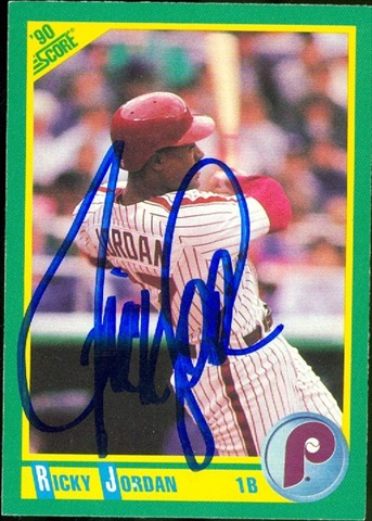 45374 Ricky Jordan Autographed Baseball Card Philadelphia Phillies 1990 Score No .16