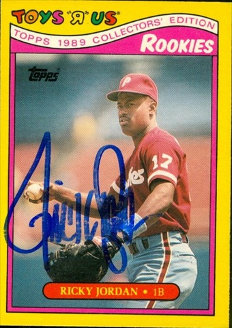45379 Ricky Jordan Autographed Baseball Card Philadelphia Phillies 1989 Topps Toys R Us No .17