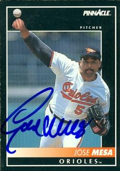 50632 Jose Mesa Autographed Baseball Card Baltimore Orioles 1992 Pinnacle No .496