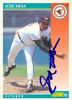 50637 Jose Mesa Autographed Baseball Card Baltimore Orioles 1992 Score No .707