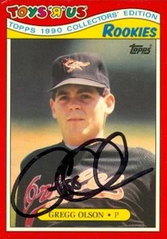 50912 Gregg Olson Autographed Baseball Card Baltimore Orioles 1990 Topps Toys R Us No .21