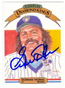 56267 Gorman Thomas Autographed Baseball Card Milwaukee Brewers 1982 Donruss Diamond Kings No .26
