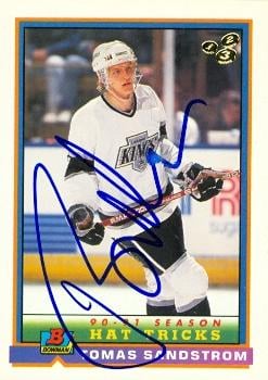 56333 Tomas Sandstrom Autographed Hockey Card Los Angeles Kings 1991 Bowman No .174