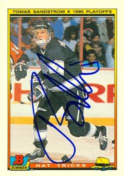 56334 Tomas Sandstrom Autographed Hockey Card Los Angeles Kings 1990 Bowman No .21