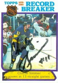 56349 Charlie Simmer Autographed Hockey Card Los Angeles Kings 1980 Topps Record Breaker No .4