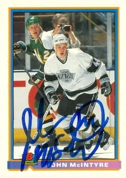 56360 John Mcintyre Autographed Hockey Card Los Angeles Kings 1991 Bowman No .180