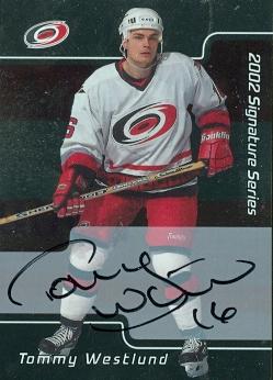 62069 Tommy Westlund Autographed Hockey Card Carolina Hurricanes 2002 In The Game No. 56