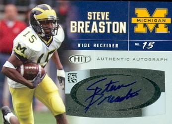 62084 Steve Breaston Autographed Football Card Michigan 2007 Sage Hit Rookie No. A15