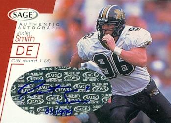 62108 Justin Smith Autographed Football Card Missouri 2001 Sage Rookie No. A40