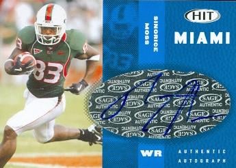 62198 Sinorice Moss Autographed Football Card Miami 2006 Sage Hit Rookie No. A38