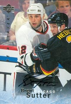 62214 Brent Sutter Autographed Hockey Card Chicago Blackhawks 1996 Upper Deck No. S140