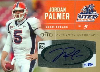 62250 Jordan Palmer Autographed Football Card Utep 2007 Sage Hit Rookie No. A58