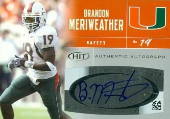 62288 Brandon Meriweather Autographed Football Card Miami 2007 Sage Hit Rookie No. A51