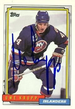 62855 Uwe Krupp Autographed Hockey Card New York Islanders 1992 Topps No. 158