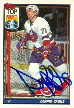 63039 Dennis Vaske Autographed Hockey Card New York Islanders 1991 Topps No. 230