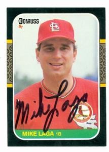 63049 Mike Laga Autographed Baseball Card St. Louis Cardinals 1987 Donruss No. 293