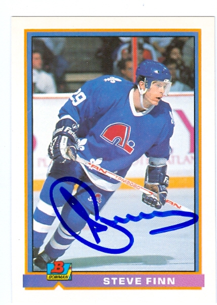 66289 Steven Finn Autographed Hockey Card Quebec Nordiques 1991 Bowman No. 140