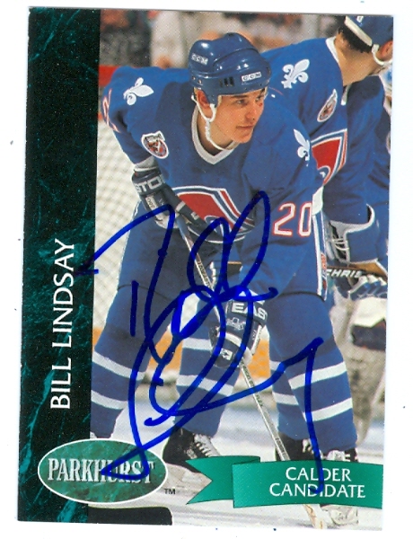 66296 Bill Lindsay Autographed Hockey Card Quebec Nordiques 1993 Parkhurst No. 376