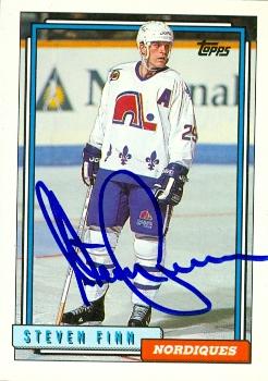 66299 Steven Finn Autographed Hockey Card Quebec Nordiques 1992 Topps No. 449