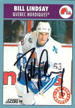 66300 Bill Lindsay Autographed Hockey Card Quebec Nordiques 1992 Score Silver No. 463
