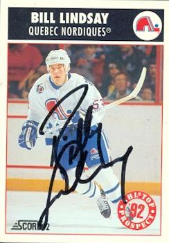 66304 Bill Lindsay Autographed Hockey Card Quebec Nordiques 1992 Score No. 463