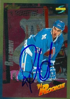 66311 Rene Corbet Autographed Hockey Card Quebec Nordiques 1994 Score Gold Mine No. 236