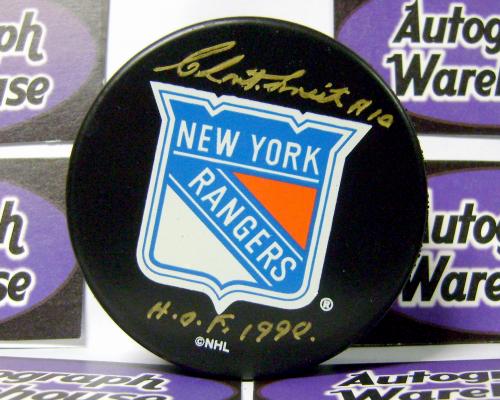 66320 Clint Smith Autographed Hockey Puck New York Rangers Retro Puck Inscribed Hof 1990