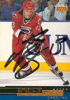 66337 Bates Battaglia Autographed Hockey Card Carolina Hurricanes 1999 Upper Deck No. 34