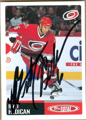 66353 Bret Hedican Autographed Hockey Card Carolina Hurricanes 2003 Topps Total No. 136