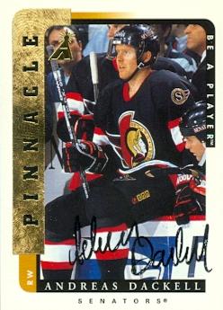66382 Andreas Dackell Autographed Hockey Card Ottawa Senators 1997 Pinnacle No. 109