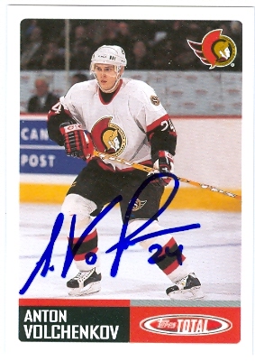 66444 Anton Volchenkov Autographed Hockey Card Ottawa Senators 2003 Topps Total No. 404