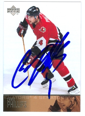 66447 Chris Phillips Autographed Hockey Card Ottawa Senators 2004 Upper Deck No. 381