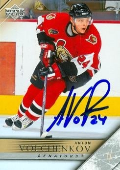 66448 Anton Volchenkov Autographed Hockey Card Ottawa Senators 2006 Upper Deck No. 385